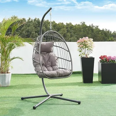 Produktbild von Hängesessel mit Gestell Edeng Outdoor Schaukelsessel mit Kissen Balkon Indoor für 1 Person Hängeschaukel max. 100 kg Polyrattan Hängestuhl Grau