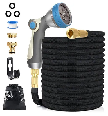 Produktbild von 15 m Flexibler Gartenschlauch – Dehnbarer Wasserschlauch mit 8 Sprühmodi Pistole, 1/2" & 3/4" Adapter, Wandhalterung, Für Gartenbewässerung Außen