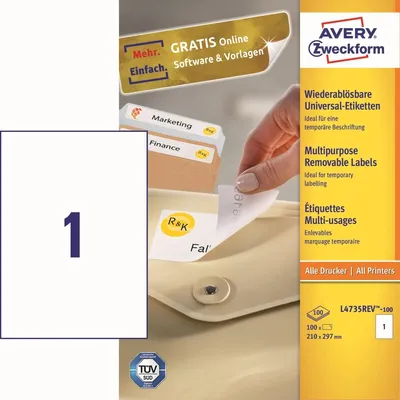Produktbild von Universal-Etiketten 210x297 mm 100 Blatt/100 Etiketten weiß Packung mit 5 Stück