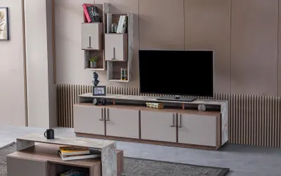 Zdjęcie produktu dla Stojak pod telewizor Szafki ścienne Kredens RTV Lowboard Szary Drewno do salonu