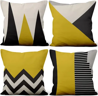 Productafbeelding van 18 x 18 Inch Kussenslopen Zwart Geel Wit Modern Geometrisch Patroon Zachte Korte Pluche Vierkante Sierkussen Cover Bed Woonkamer Boerderij Bank