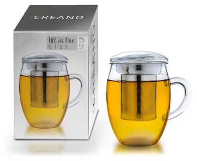 Produktbild von Creano Teeglas all in one 400ml, Große Teetasse mit Edelstahlsieb und Deckel aus Glas, Teebereiter in attraktiver Geschenkverpackung (1x 400ml)