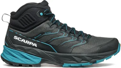 Schwarze Wanderschuhe "Rush Mid 2 GTX" von Scarpa mit blauen Akzenten und hohem Schaft.