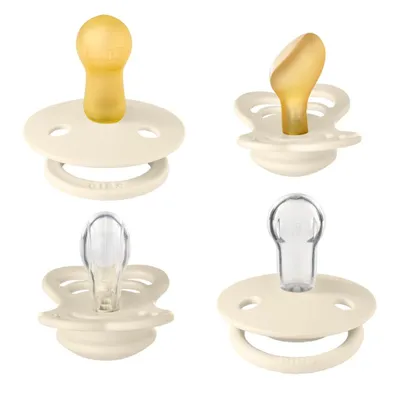 Immagine prodotto di Succhietto BIBS in confezione da 4 pezzi, confezione iniziale Try it, senza BPA, forma a ciliegia, tettarelle simmetriche e ortodontiche. Gomma naturale/silicone,  Danimarca. Taglia 2 (confezione da 4), Avorio