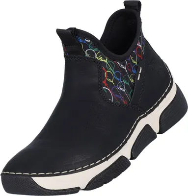 A single black boot with a colorful balloon pattern around the ankle opening, set against a white background.