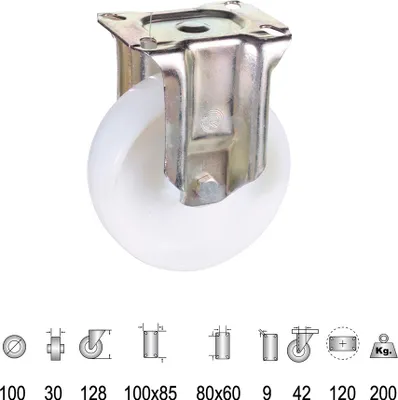 Immagine prodotto di Piastra fissa per ruote industriali in nylon da 100 mm.