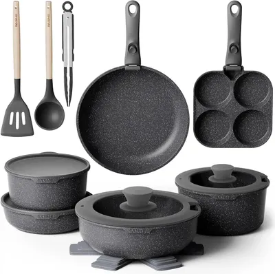 Image de Ensemble de 20 pièces comprenant des casseroles et des poêles - Ustensiles de cuisine - Poignées amovibles - Revêtement antiadhésif - Compatible avec les plaques à induction et les cuisinières à gaz - Noir