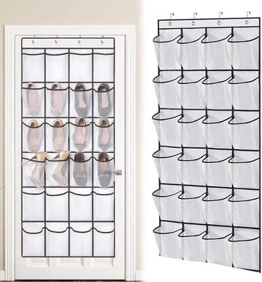 Productafbeelding van Ibenzoa® Hangende organizer met 24 vakken voor het ophangen, 144 x 56 cm, gemaakt van vliesstof en nylonnet, inclusief 4 metalen haken, geschikt voor schoenen en accessoires