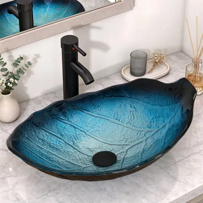 Produktbild von Puluomis Waschbecken Glas Aufsatzwaschbecken Waschschale Oval 62x42x21cm mit Wasserhahn, Ablaufgarnitur, heiße und kalte Wasser Linien blau schwarz