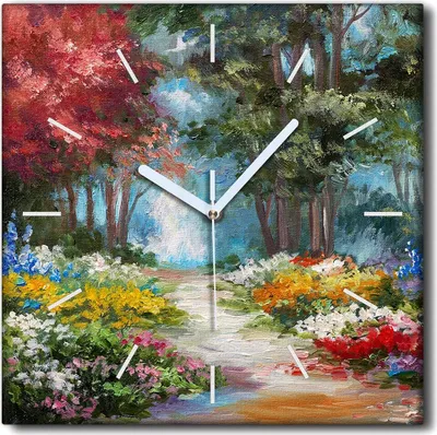 Produktbild von Coloray Uhr auf Leinwand 30x30 cm Wand Uhr Dekoration Wohnzimmer Segeltuch weiße Zeiger -Waldflüge Landschaft.