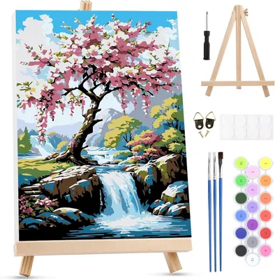 Produktbild von Malen nach Zahlen Set mit Rahmen, Blumen Wasserfall, Acrylfarbe, Leinwand, für Innendekoration