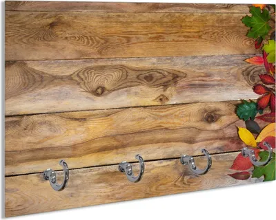 Produktbild von Wallario Schlüsselbrett aus Glas, Motiv: Herbstlaub auf Holzbrettern, 30 x 20 cm mit 4 Haken