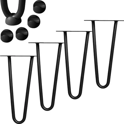 Four black hairpin legs are arranged in a staggered formation on a white background. Four black protective caps are also visible in the upper left corner.