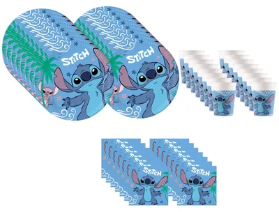 Produktbild von Stitch Partygeschirr Set 52-tlg Kindergeburtstag Deko Teller Becher Servietten