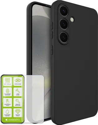 Image de Coque de protection en silicone et TPU pour Samsung Galaxy S25 Plus, noire + verre trempé 9H