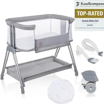 A baby crib with accessories and a rating badge.