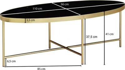 Technische Seitenansicht des Couchtisch Glas Oval 110x56cm mit schwarzer Glasplatte und goldenem Metallgestell.