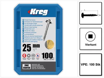 Produktbild von KREG Pocket-Hole Zylinderkopfschraube 25 mm 100 Stk ( SML-C1-100 ) Vierkantantrieb Teilgewinde Grobgewinde selbstschneidend verzinkt