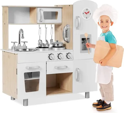 Produktbild von GOPLUS Kinderküche Spielset, Spielküche mit Uhr, Telefon, Wasserspender mit Licht- & Soundeffekt, Kühlschrank, Wasserhahn & Spüle, Kinderküche, weiß
