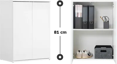 Produktbild von mokebo® Mehrzweckschrank 60 cm Breite 'Der Kurze', kleiner Schuhschrank oder Aktenschrank in 60x81x34 cm (B/H/T), auch als Büroschrank, Allzweckschrank & Haushaltsschrank in Weiß