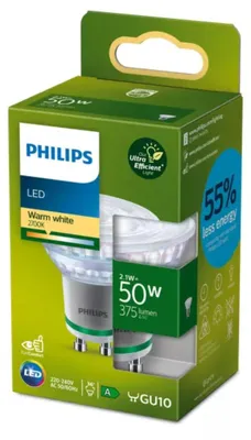 Zdjęcie produktu dla Philips LED szklany reflektor 2,1W = 50W GU10 przezroczysty 375lm ciepły biały 2700K 36° ultra wydajny
