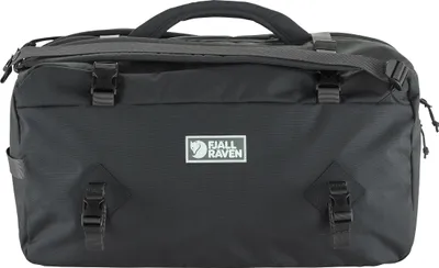 A black Fjällräven rucksack is shown against a white background.