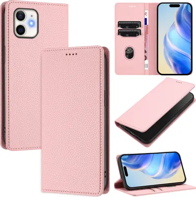 Immagine prodotto di Custodia in pelle per iPhone 11, pelle Litschi, custodia a portafoglio con slot per carte e supporto Rosa
