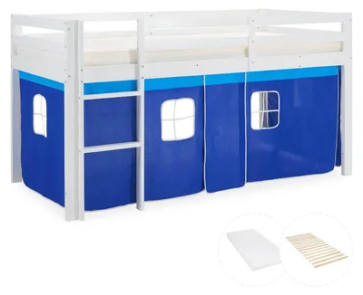 Produktbild von Homestyle4u Hochbett 90x200 Kinder mit Rutsche mit Lattenrost mit Matratze Standard 100 Vorhang Blau Junge Kinderbett Weiß Rausfallschutz