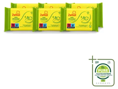 Imagen del producto de 6 paquetes de toallitas húmedas Zwitsal para bebés, formuladas para pieles sensibles, con 65 unidades por paquete. (6 unidades en total)
