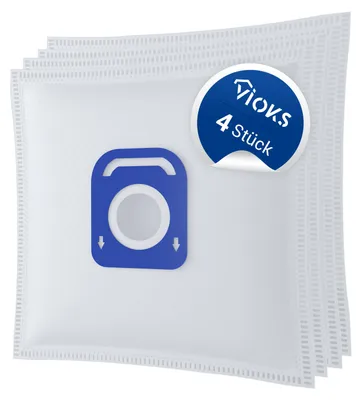 A stack of white vacuum cleaner bags with a blue label.