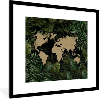 Produktbild von MuchoWow® MuchoWow® Gerahmtes Poster Weltkarte - Pflanzen - Blätter 40x40 cm - Poster mit zchwarzem Bilderrahmen - Poster - Plakat im Rahmen