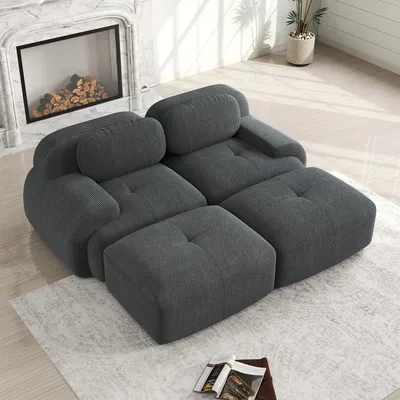 Produktbild von 2-Sitzer-Sofa aus Cord, modulares Bodenschlafsofa, Ecksofa, rahmenlose Sofas mit geschwungenen Armlehnen und rutschfester Unterseite, Grau