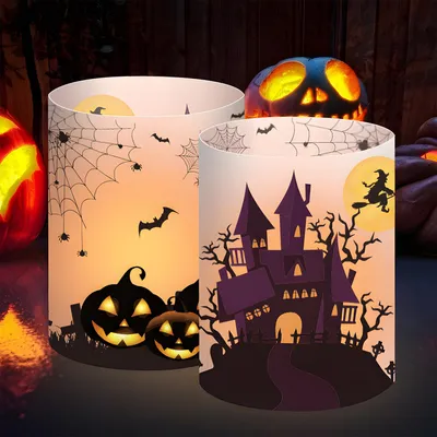 16 Halloween-Windlichter, Tafeldeko, Kürbis/Fledermaus/Hexe/Spinnennetz