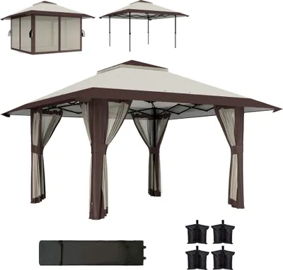 Produktbild von Outsunny Pavillon 4x4m Wasserdicht Höhenverstellbar Pop-up Faltpavillon mit Netzwänden UV 50+ Faltbar Partyzelt Gartenzelt mit Tragetasche Sandsäcke Gartenpavillon für Camping Garten Festival, Beige