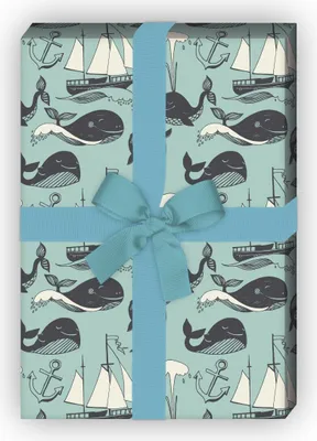 Produktbild von Nautisches Geschenkpapier mit Segelbooten und Walfischen, hellblau - G8166, 32 x 48cm