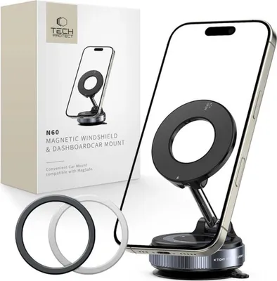 A product shot of a car mount for a smartphone, shown with its packaging and accessories.