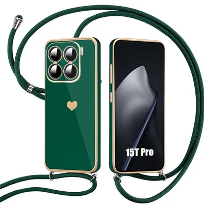 Image de Coque pour Xiaomi 15T Pro, Protection Silicone Antichoc Motif Cœur avec Cordon Vert Nuit