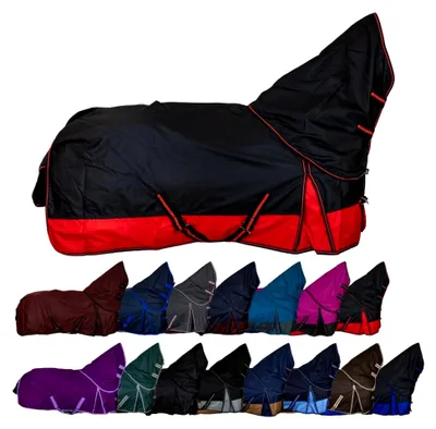 Produktbild von Weidedecke Full Neck Basicline 600D Nylonfutter mit Füllung – Pferde Winterdecke – wasserdichte Outdoordecke mit Kreuzbegurtung – Pferdedecke in Schwarz/Rot – Größe 135 cm (300 g/m²)