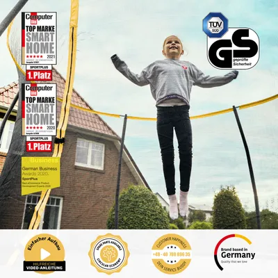 Produktbild von SportPlus I Trampolin I Garten Trampolin, Outdoor-Trampolin, Kinder-Trampolin, gepolsterte & außen angebrachte Stangen, innenliegendes Sicherheitsnetz, extra sichere Randabdeckung, angenehme Federung, Ø 305 cm, patentierter Rahmen, SÜD e Sicherheit, bis 150 kg, SP-T-366-SG