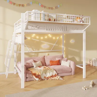 Imagen del producto de Cama alta STILVORA de 140x200 cm con estructura de metal y compartimentos de almacenamiento, cama de metal con espacio abierto en la parte inferior, cama juvenil con colchón, color blanco
