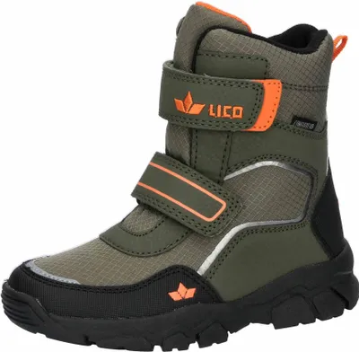 A single green winter boot with orange accents and black sole.