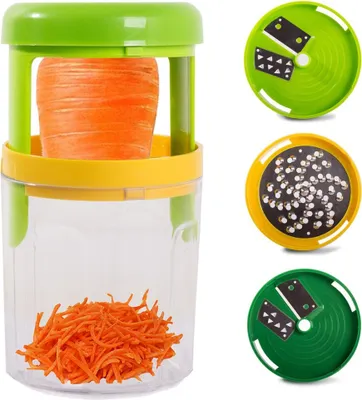 A spiral vegetable slicer with a carrot inside, and three different cutting discs shown separately.