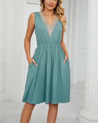 Produktbild von ASKSA Damen Kleider Sommer Ärmelloses V-Ausschnitt Kleid mit Taschen Taillenkleid Freizeitkleid, Hellgrün, L
