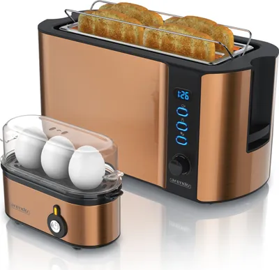 Produktbild von Arendo Frühstücks-Set 2-teilig, 4 Scheiben Langschlitz-Toaster 1500W, 3er Eierkocher, Kupfer