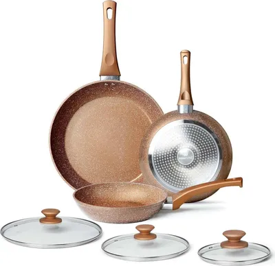 Image de Set de poêles à frire antiadhésives 20/24/28cm avec couvercle induction granit or