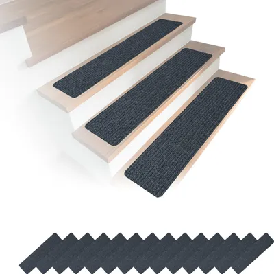 Obrázok produktu pre Relaxdays – sada 16 kusov schodových rohoží, obdĺžnikové schodové rohože, 75 x 20 cm, samolepiace schodové koberčeky, tmavošedé