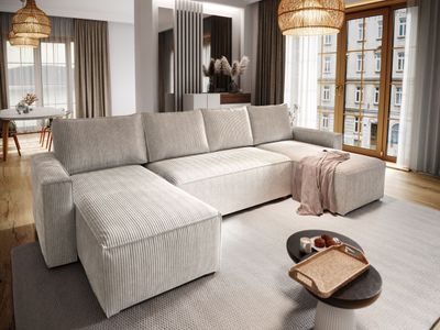 Masseno Ecksofa ASPRA mit Schlaffunktion U-Form, Sofa mit Bettkasten, Wohnzimmersofa, Couch, Soffa, Bettsofa, Couchgarnitur- Creme, POSO 100