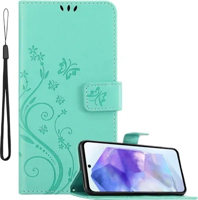 Image de Cadorabo Housse pour Samsung Galaxy A55 en FLORAL TURQUOISE Housse de protection au design floral avec fermeture magnétique, fonction de support et porte-cartes Flip Case Flower Cover Etui Handy Klapp Hülle Book Tasche