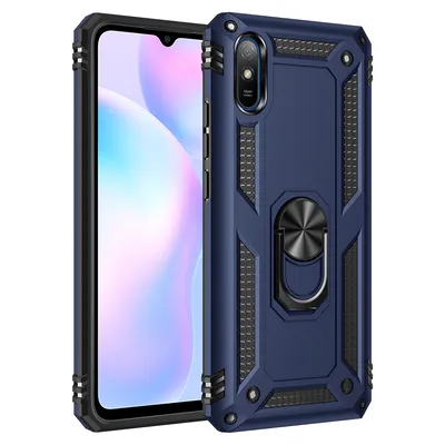 Obrázek produktu pro Ochranné pouzdro pro Redmi 9A, dvouvrstvé robustní, armádou testované ochranné pouzdro s držákem na prsten pro Xiaomi Redmi 9A modré