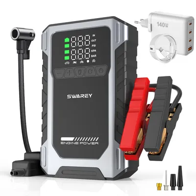 Produktbild von 5 in1 Auto Starthilfe Starthilfekabel mit 150PSI Luftkompressor Jump Starter 9000A 16000mAh, mit PD-140W Schnellladegerät Adapter